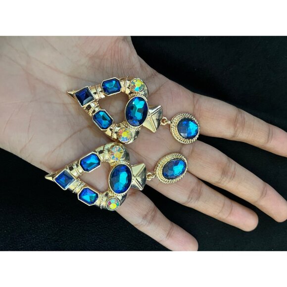 Dark blue earrings , big blue earrings , teal crystal blue Ab earrings teal gold - Picture 5 of 8